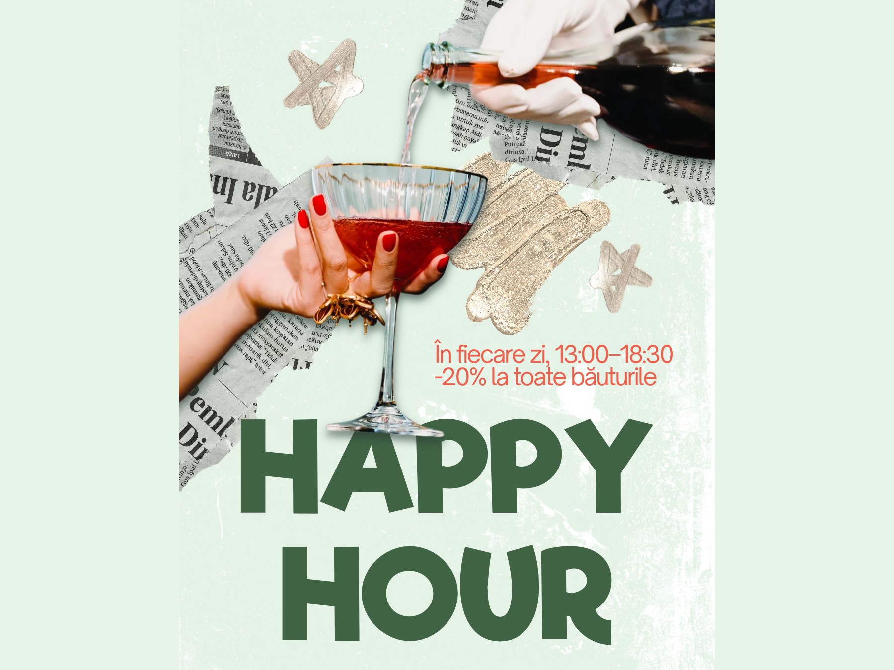 Happy Hour poster: every day 13:00–18:30, 20% off cocktails, spritz and alcoholic drinks