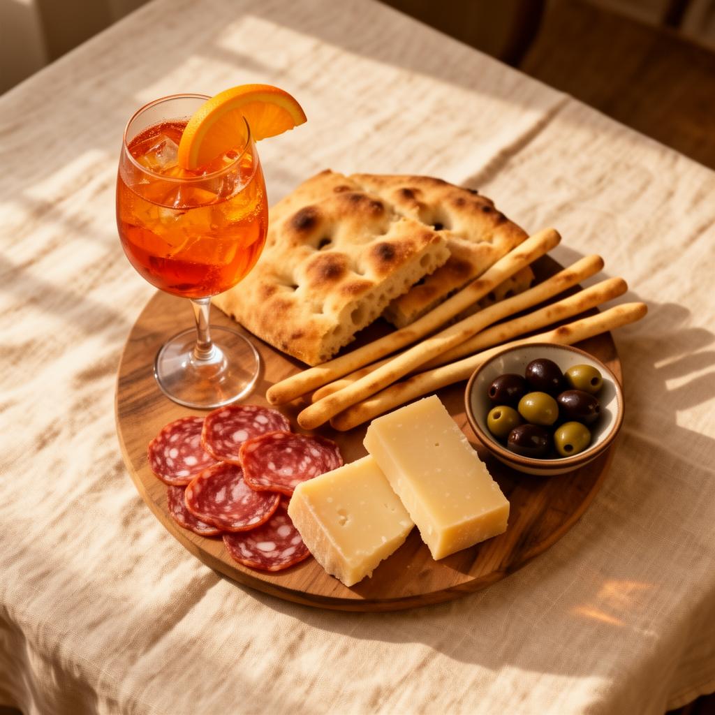Aperitivo delle Colonne cu spritz, focaccia și platou de salumi