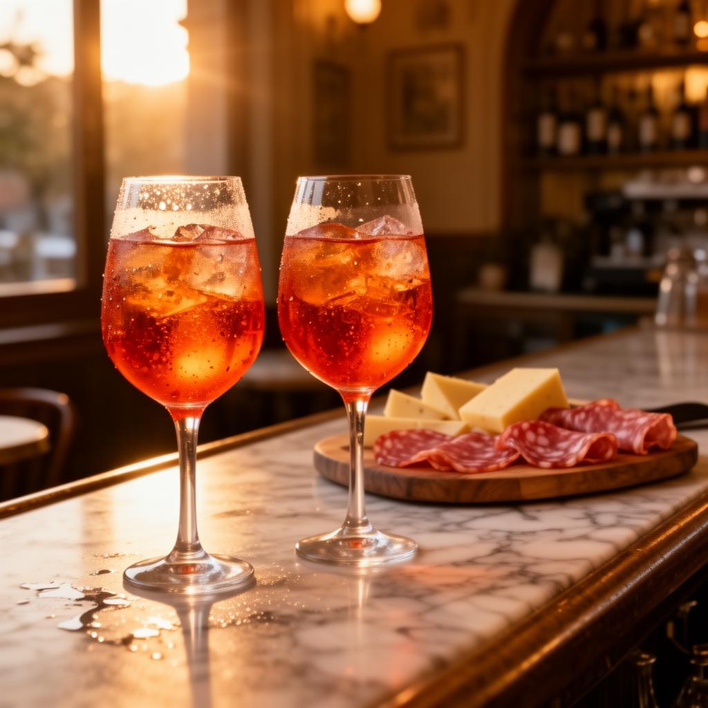 Two Aperol Spritz cocktails on a marble bar at golden hour